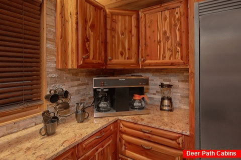 Kitchen in cabin with Commercial Coffee makers - River Mist Lodge