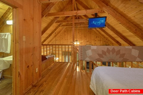 Loft bedroom with TV and Jacuzzi in cabin - Turtle Dovin'