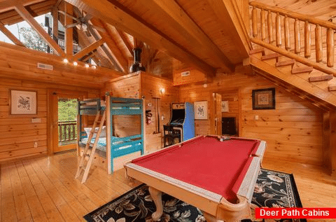 Game Room with Pool Table and Arcade Game - Indoor Pool Lodge