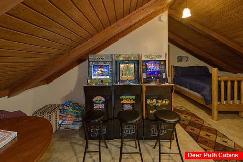 Open Loft Game Room with 3 Arcade Games - Can't Bear To Leave