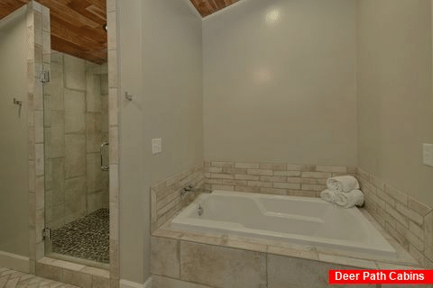 Luxurious Tub and Shower in Master Bath in cabin - Bluff Mountain Lodge