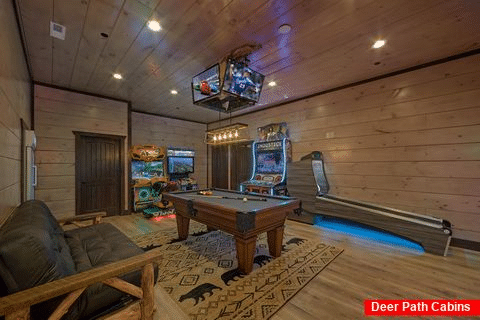Cabin game room with Arcade games and pool table - Smoky Mountain Masterpiece