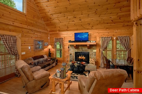 Living Room With Fireplace - Cabin on the Lake